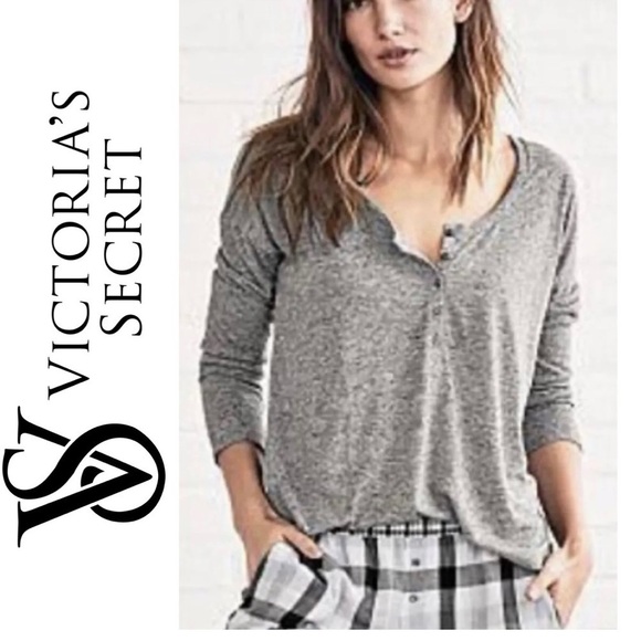 VICTORIA’S SECRET Heather Gray Henley Top The Dreamer Long Sleeve Tee Women’s M - Picture 1 of 13